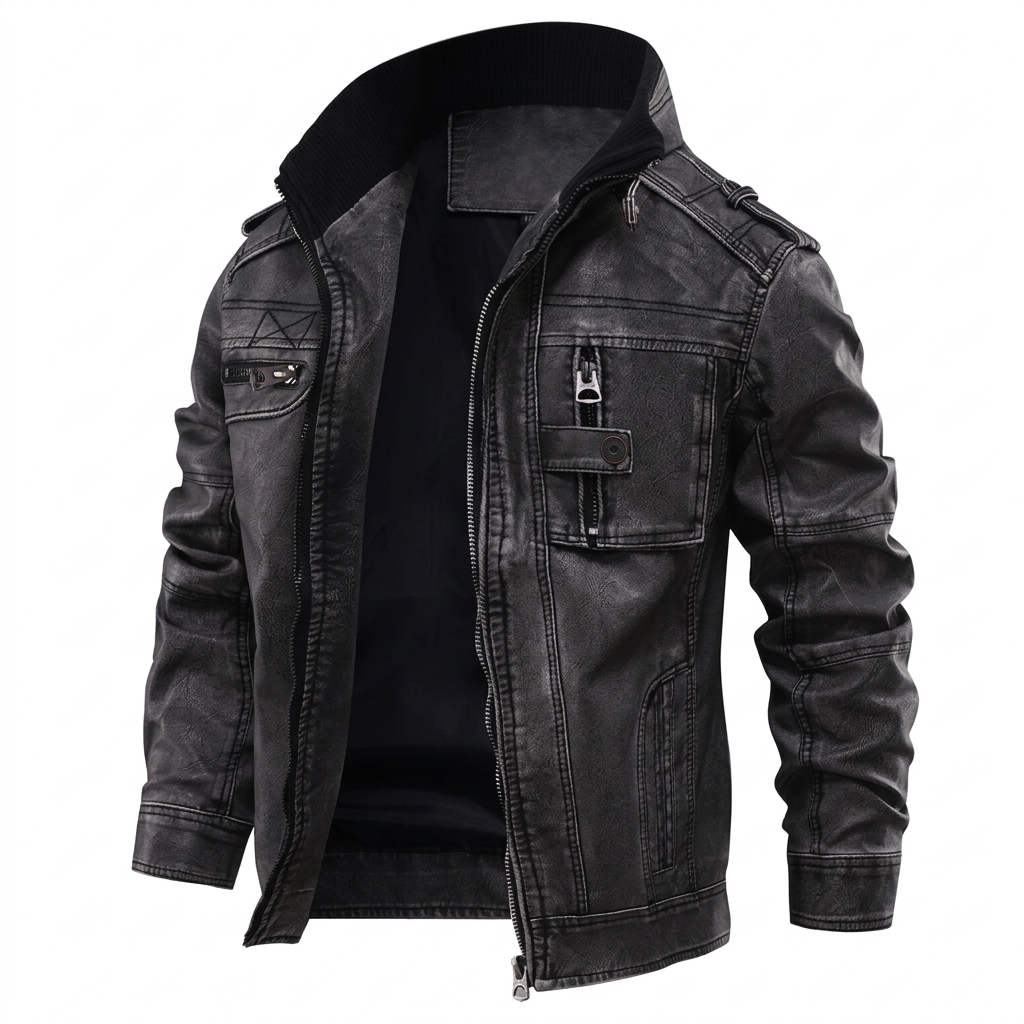Oxford Leather Jacket front view with plain inner neck lining