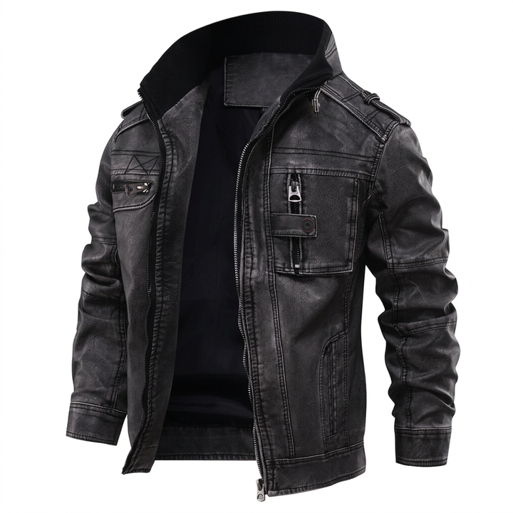 Oxford Leather Jacket front view with plain inner neck lining
